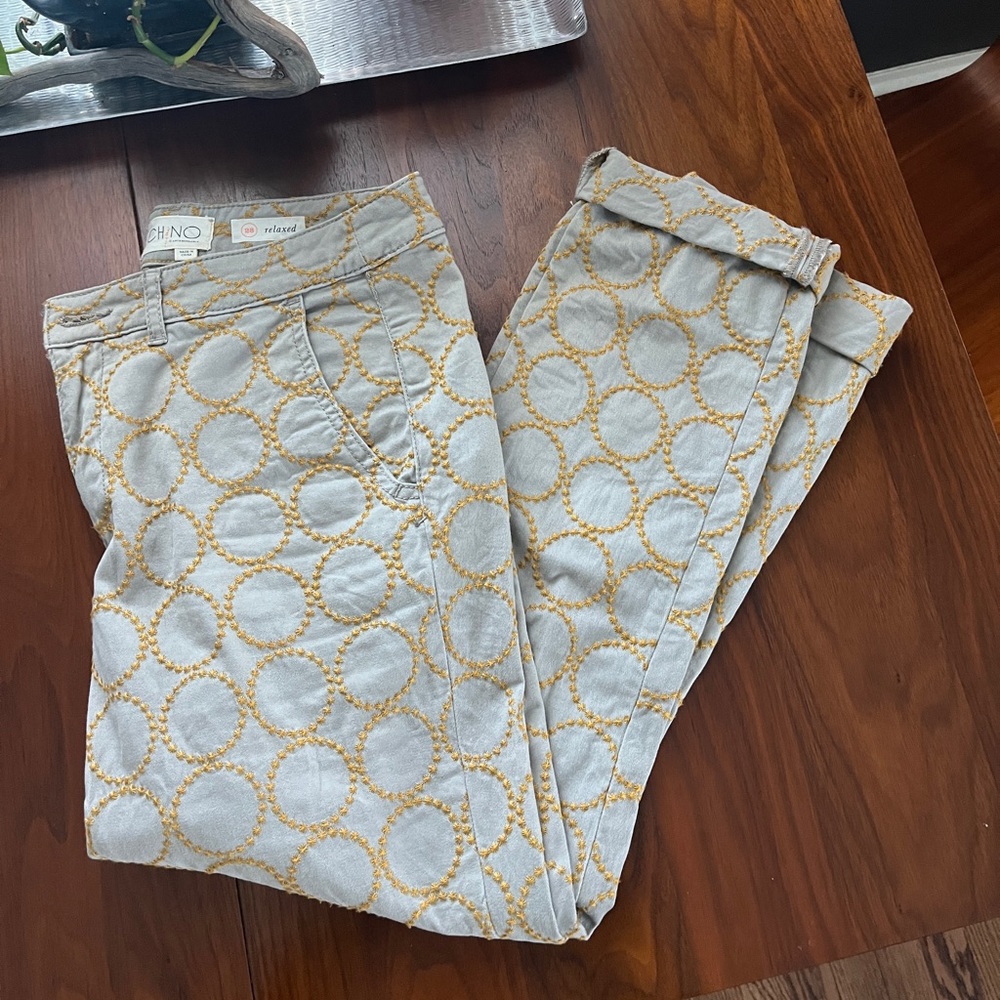 Anthropologie Chino circle embroidered straight leg pants khaki/mustard size 28